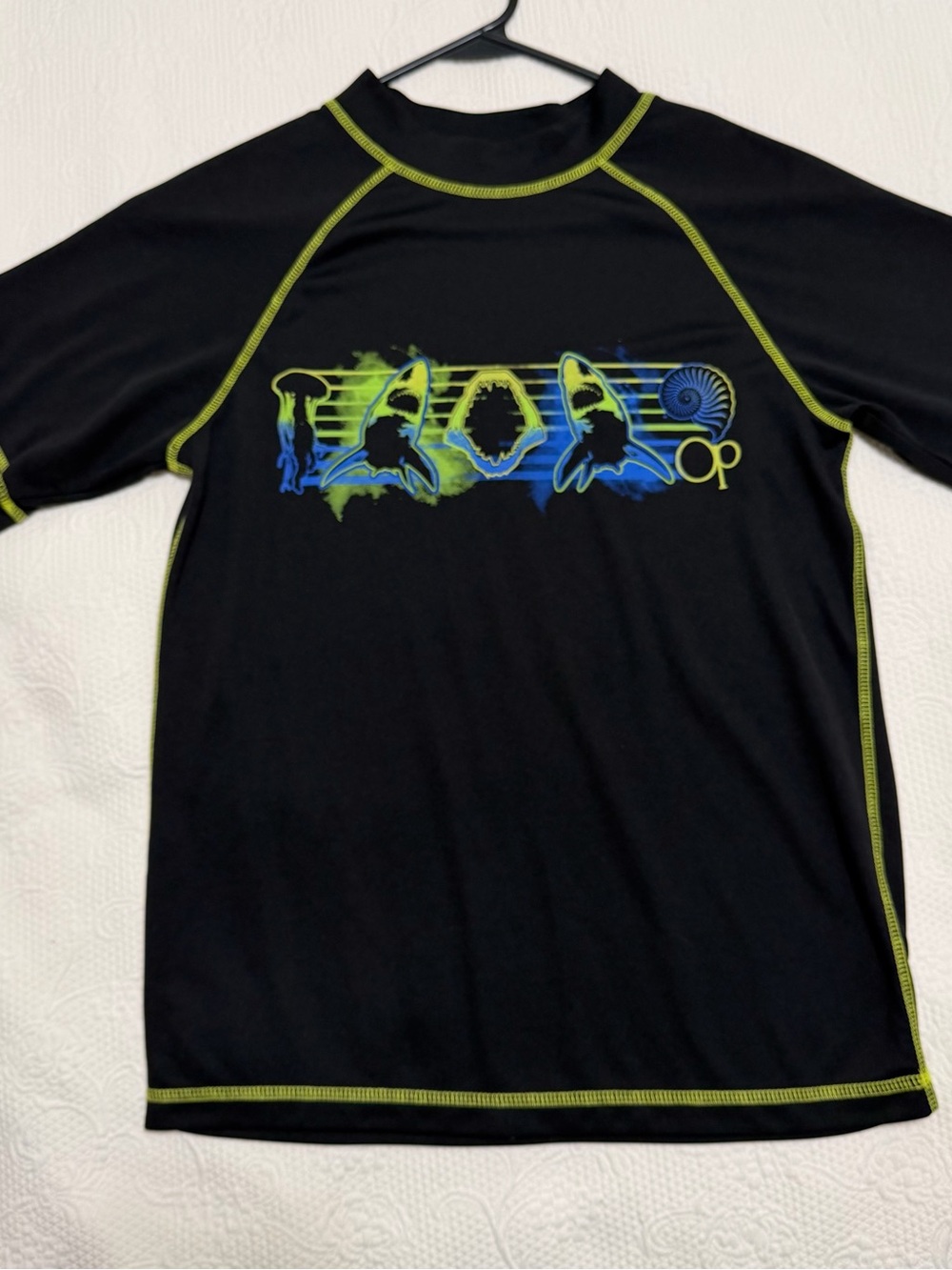 OP Kids Black Rashguard with Neon Green & Blue Shark Graphic